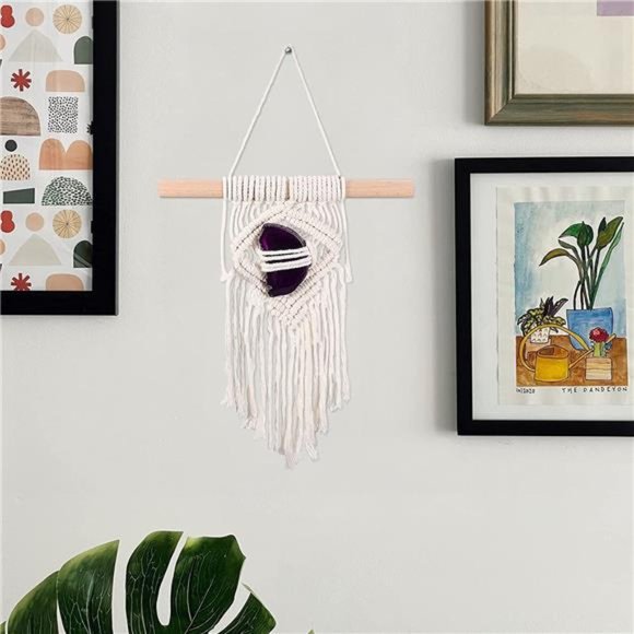 CozyCabin Agate Slice Macrame Wall Hanging, Small Purple Woven Tapestry Macrame